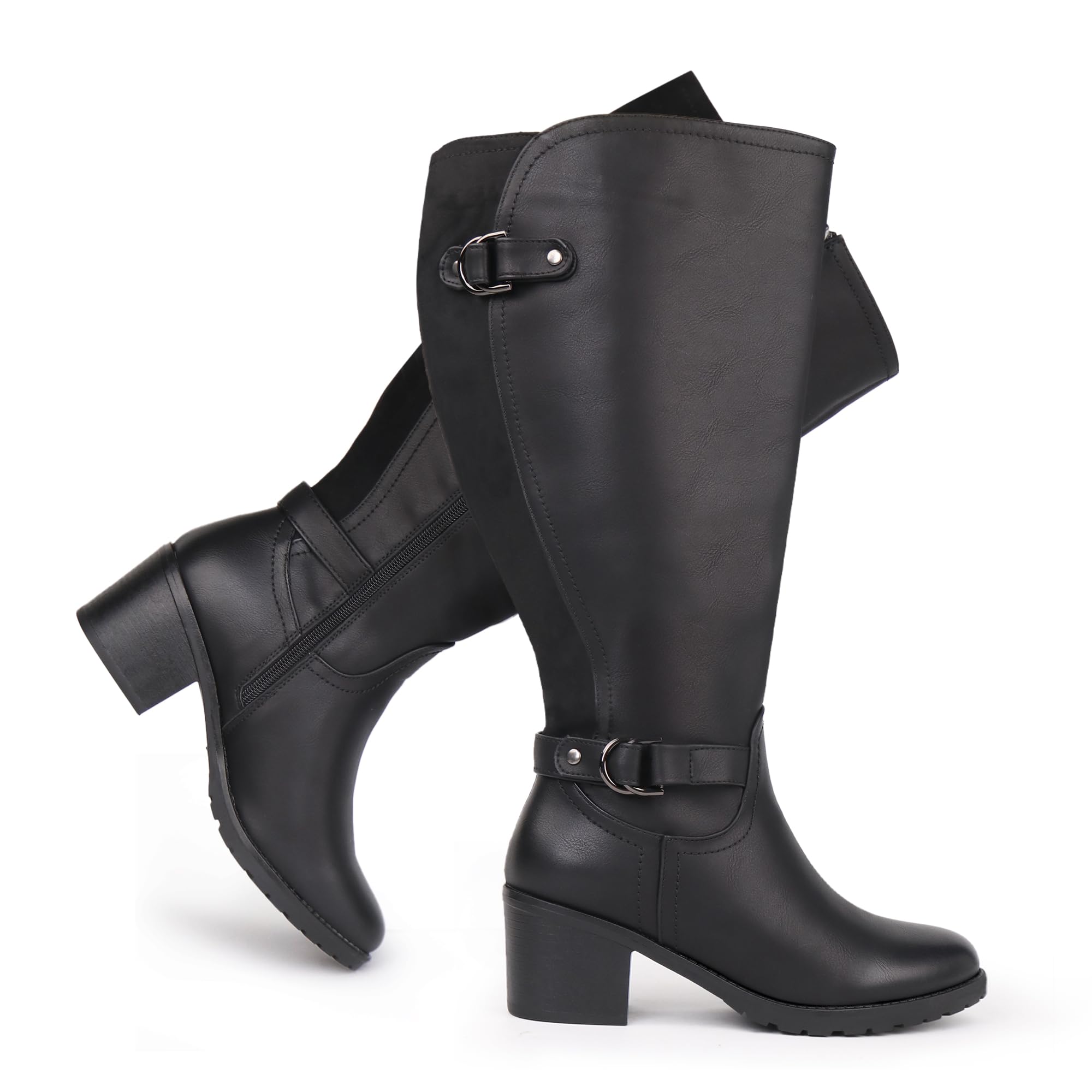 Ladies Riding Boots Wide Calf Knee High Block Heel Double Buckle Decor