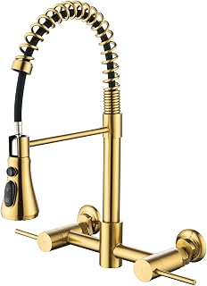 Aspasia Wall Mount Kitchen Faucet, 8 Inch Center Wall Mount Kitchen Sink Faucet with Pull Down Sprayer, Commercial Wall Mount Faucet, Brushed Gold