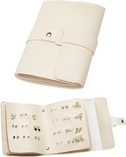 LAKE OF FIRE Earring Holder Organizer with Foldable Book Design,Beige | Portable,Pu Leather,42 Pairs Earring Storage Organizer,Travel Essentials for Women