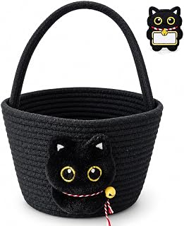 Black Cat Halloween Basket for Kids, Trick or Treat Bucket with Name Tag | Soft cotton rope basket with 3D plush black cat for boys and girls; roomy for candy, gifts, trick-or-treating and parties.