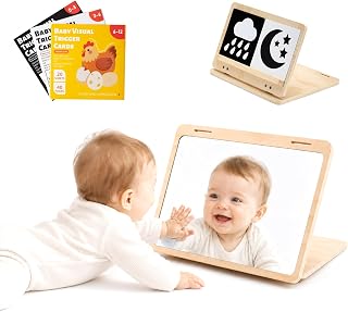 ONZGROW Tummy Time Mirror with 60 High Contrast Cards, 2 in 1 Wooden Montessori Mirrors & Card Display Stand, Shatterproof Safe Baby Floor Mirror, Black White Colorful Visual Stimulation Sensory Toy