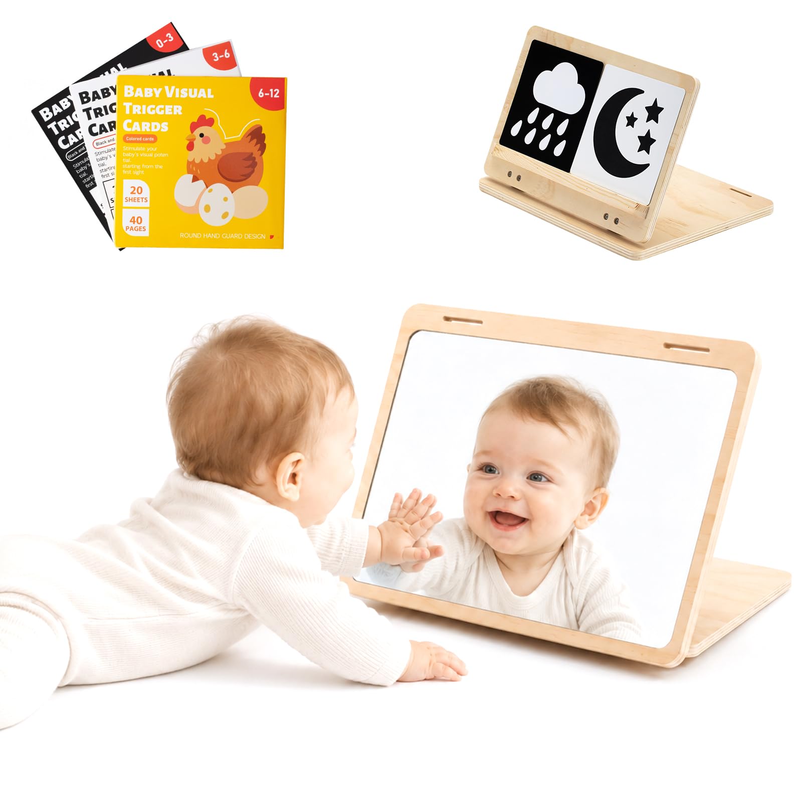 ONZGROW Tummy Time Mirror with 60 High Contrast Cards, 2 in 1 Wooden Montessori 