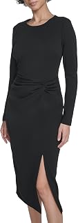 Calvin Klein Long Sleeve Round Neck Scuba Crepe Side Ruffle Midi Dress Vestito Donna