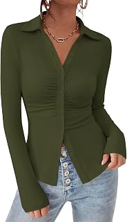PRETTYGARDEN レディース ボタンダウンシャツ Vネック 襟付き シャーリング スリムフィット 長袖シャツ カジュアル 秋 ファッション レディース トップス