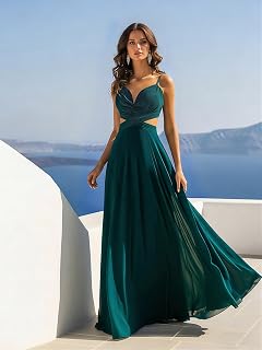 Women's Chiffon Spaghetti Strap Maxi Dress Formal Evening Dress Emerald Green Wedding