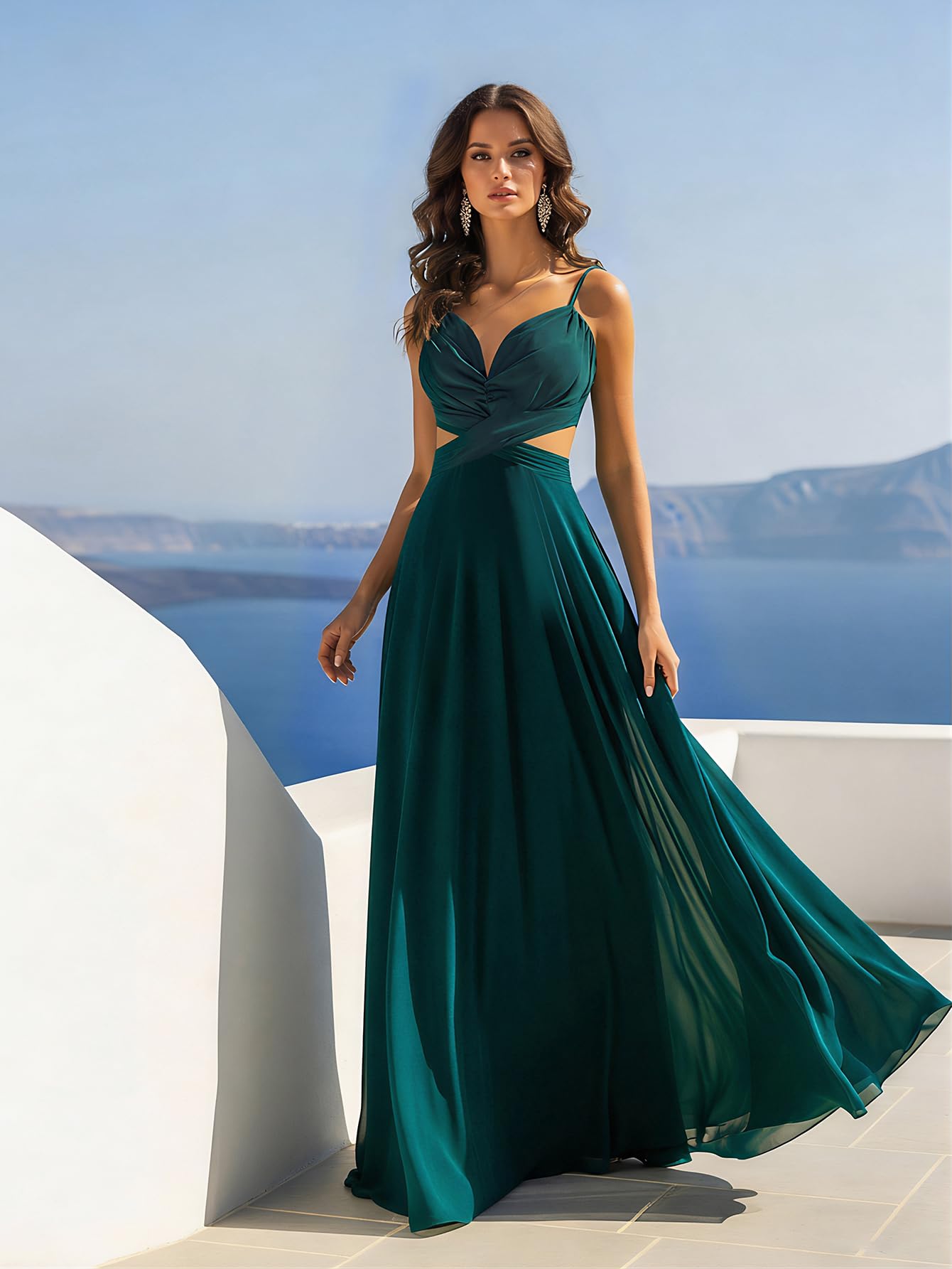 Women's Chiffon Spaghetti Strap Maxi Dress Formal Evening Dress Emerald Green We