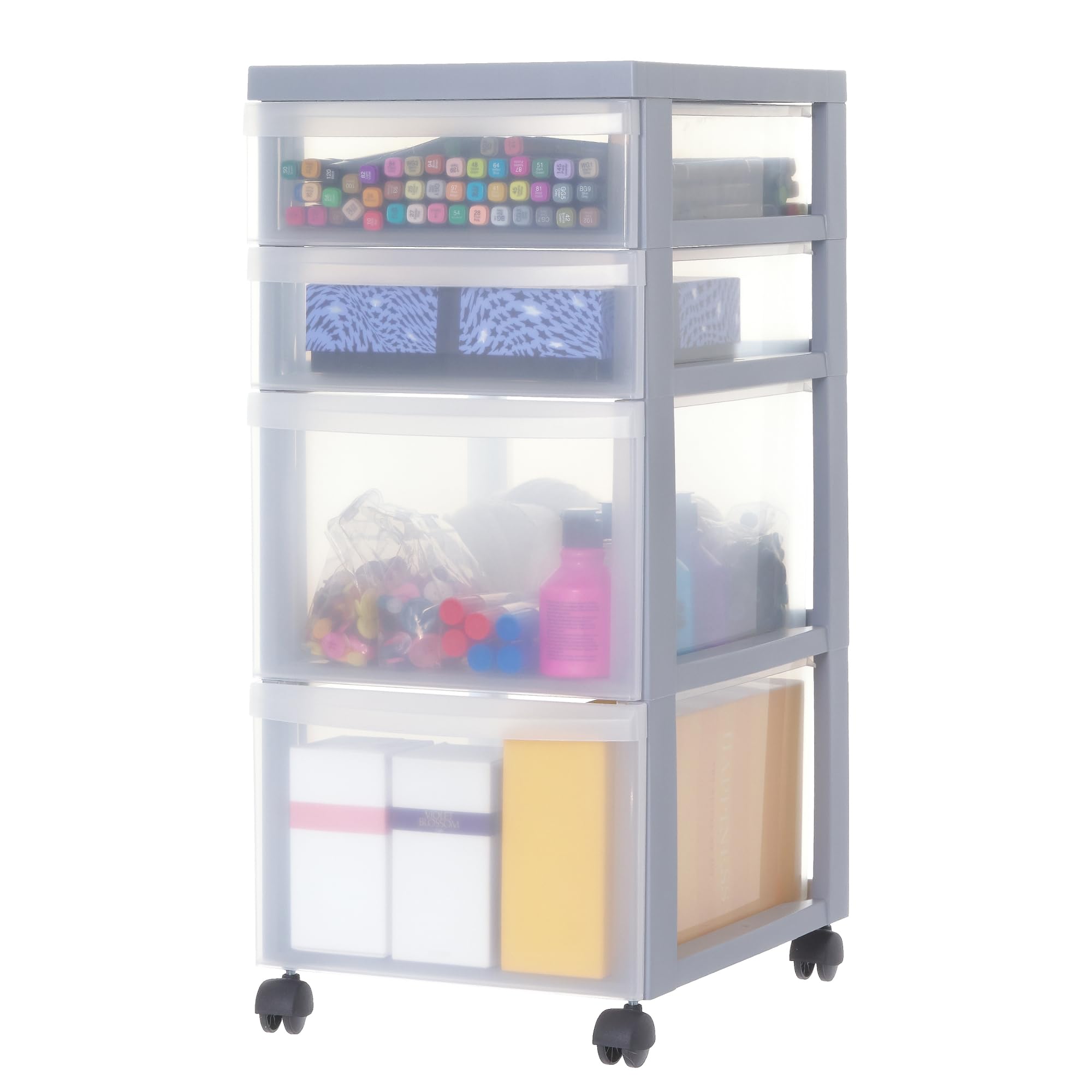 Iris Ohyama Plastic Drawer Box with Wheels, 2 Depth and 2 Flat Drawers, Grey, Pu