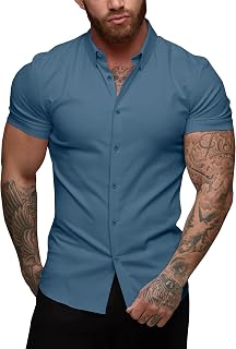 URRU Men's Muscle Shirt Slim Fit Stretch Short Sleeve Casual Button Down Shirts for Men