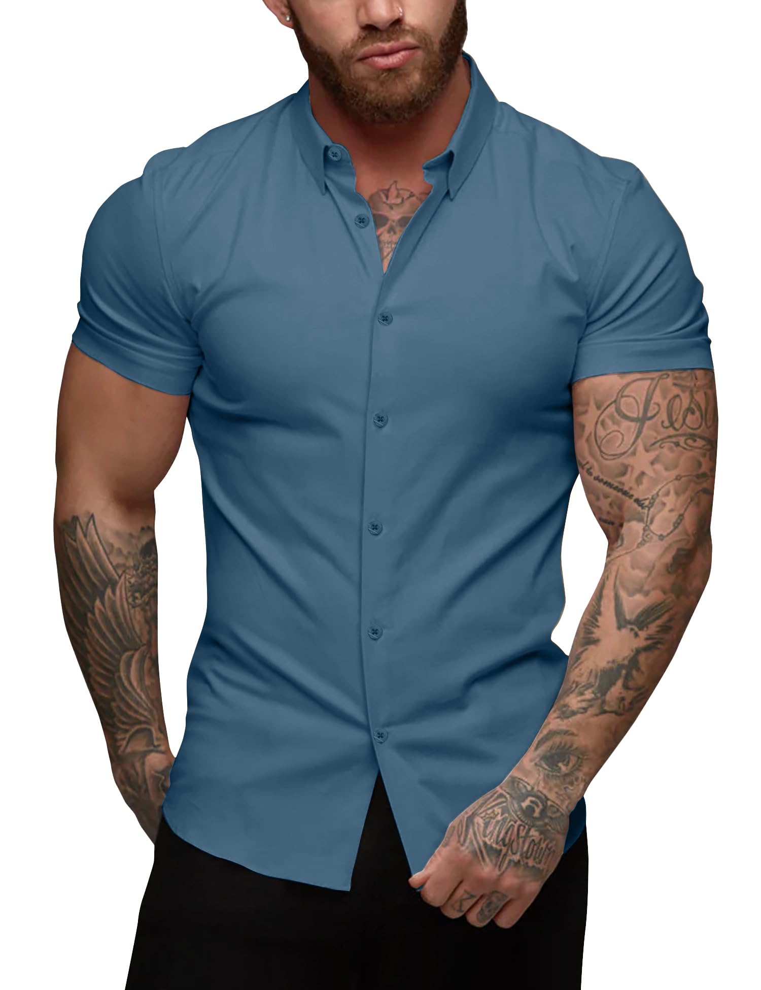 URRU Men's Muscle Shirt Slim Fit Stretch Short Sleeve Casual Button Down Shirts 