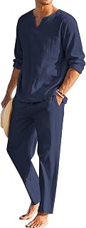 COOFANDY Men's Cotton Linen 2 Piece Set Long Sleeve Henley Shirt and Casual Beach Pants Summer Yoga Outfits, navy, S