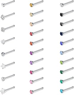 WillTen 30Pcs Straight Nose Studs Silver, 20G Nose Ring Stud Straight or L Shaped Stainless Steel Small Nose Studs Pin, Tiny Nose Piercing Jewelry Silver Bone Screws Nose Studs for Women