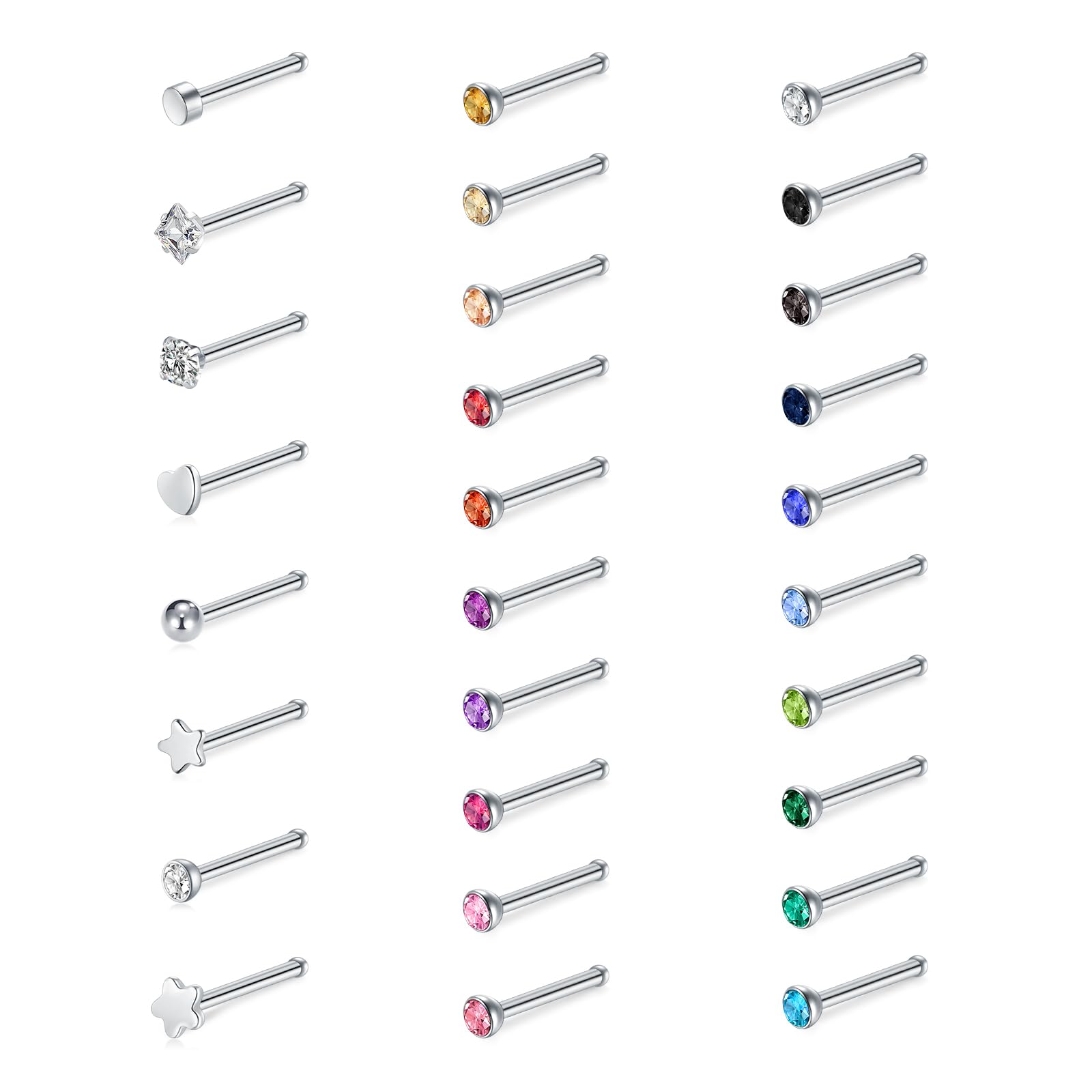 WillTen 30Pcs Straight Nose Studs Silver, 20G Nose Ring Stud Straight or L Shape