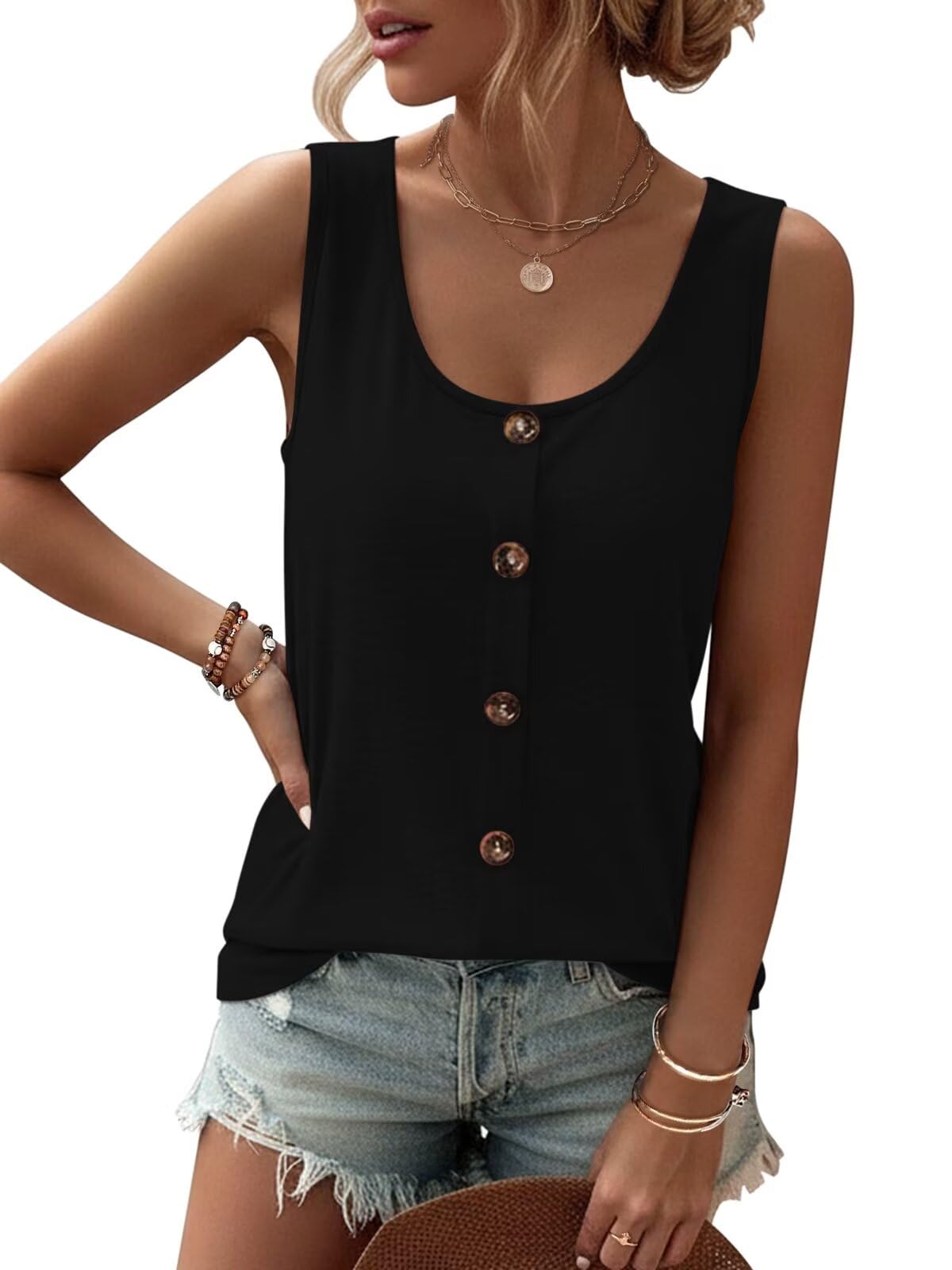 TICTICMIMI Women Tank Tops Buttons Sleeveless Summer Scoop Neck Shirt