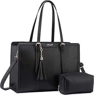 LOVEVOOK Laptop Bag for Women 15.6 inch Lightweight PU Laptop Tote Bag, Large Capacity Computer bag with Clutch Purse for Business, Work, Office, Travel, School,Casual(Black & Leather)