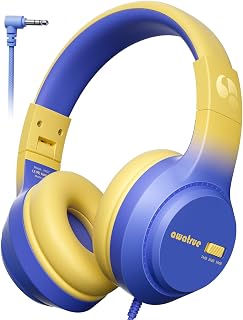 awatrue Kids Headphones, Wired headphones Kids with 74/85/94db Safe Volume, 3.5mm jack, Adjustable Headband, Foldable Over Ear Toddler Headphones for Plane/School/Travel/Tablet/Gifts (Blue Yellow)