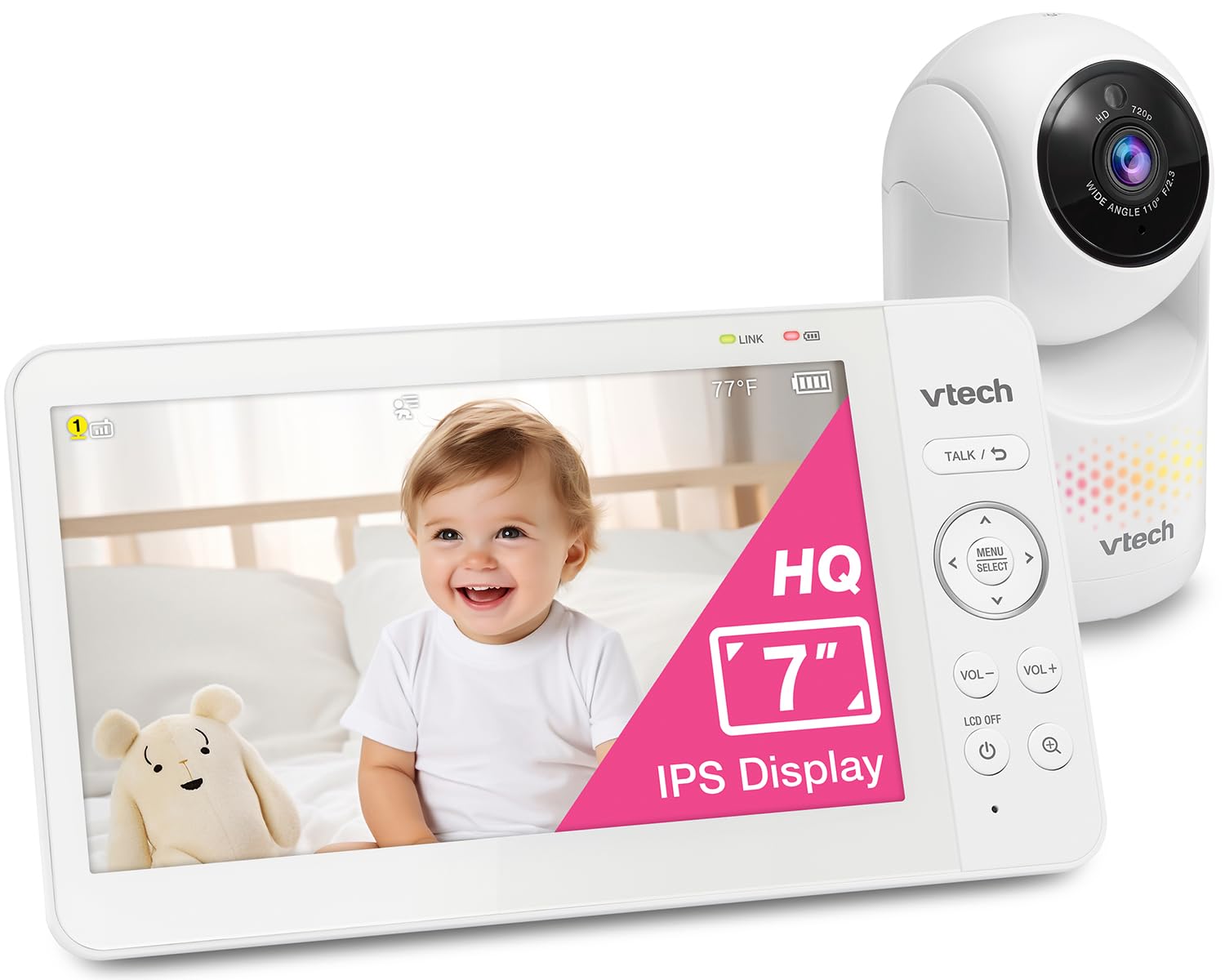 VTech Baby Monitor No WiFi, 7" IPS Screen, 5000mAh 12Hr Battery, 360° PTZ, 4X Zo