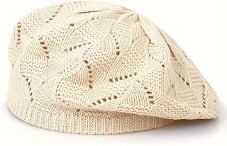 Women French Artist Cap Hollow Mesh Knitted Hat for Spring Summer Autumn (Beige)