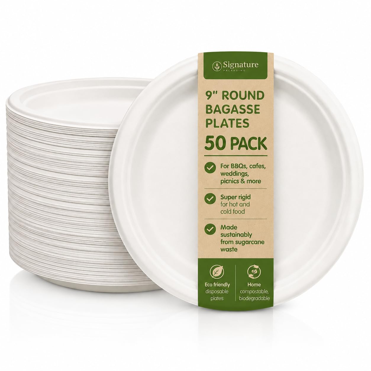 Signature Extra Strong Bagasse Plates 9in 50 Pack Corporate & Home Use