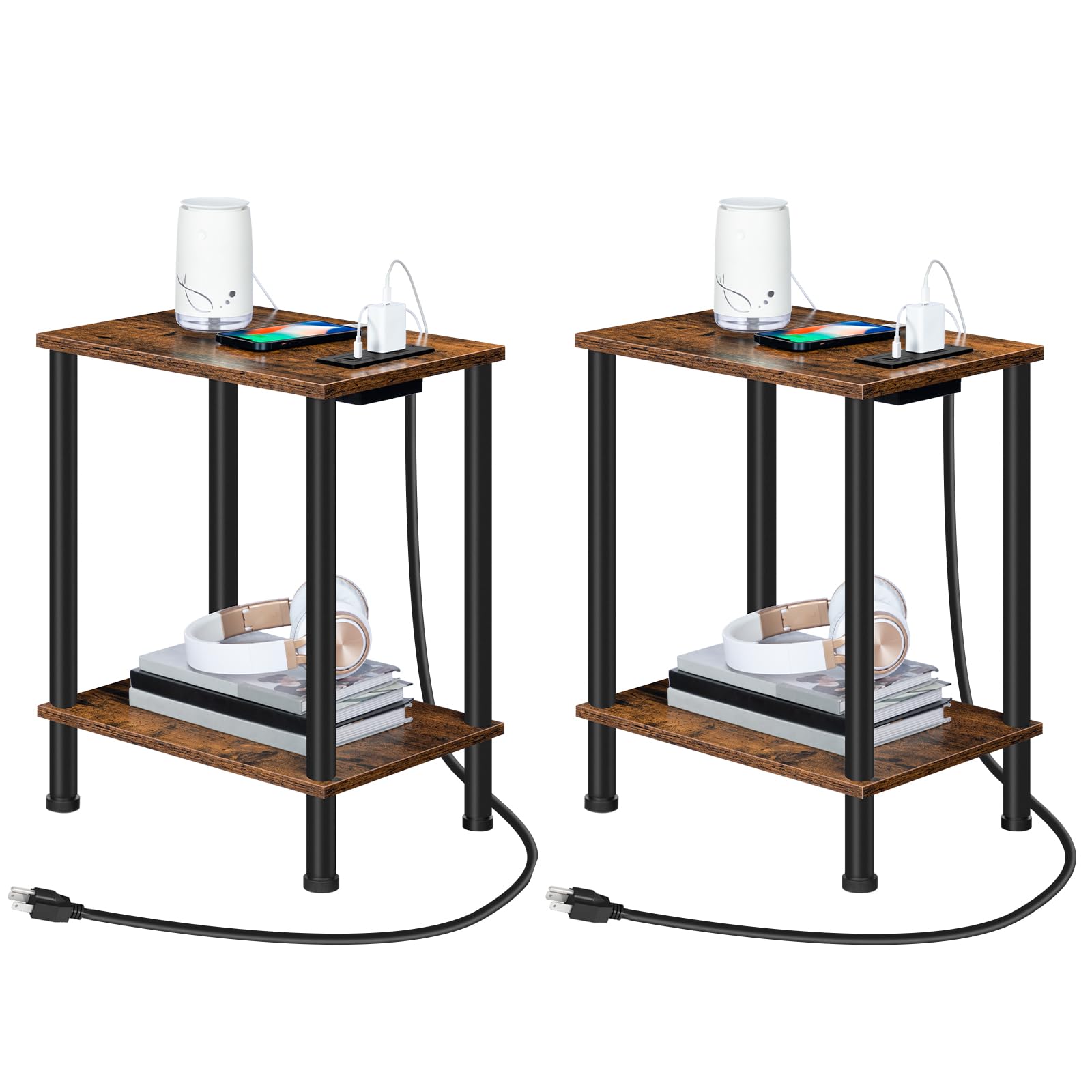 HOOBRO Side Table with Charging Station, Set of 2 End Tables with USB Port and O