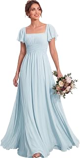 MisShow Women's Flutter Sleeves Bridesmaid Dresses Square Neck Chiffon Maxi Dress A Line Formal Evening Gown