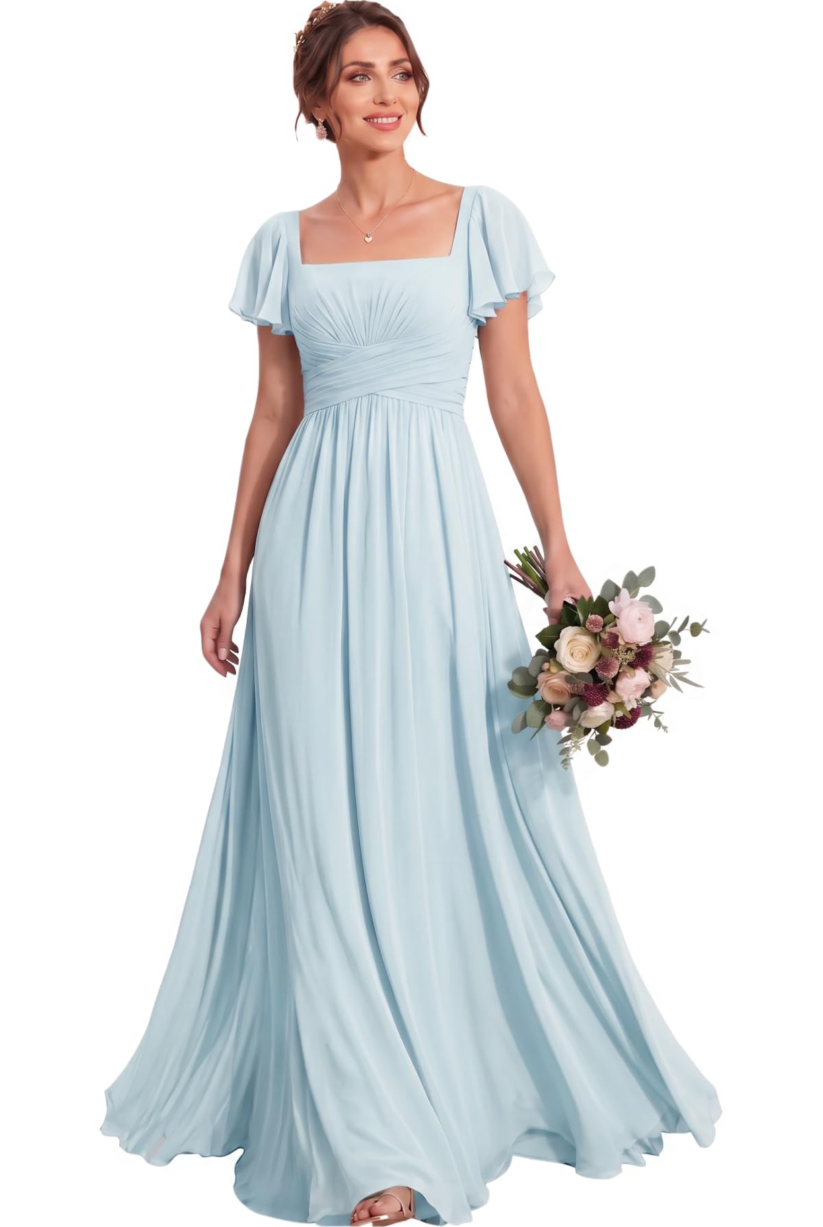 MisShow Women's Flutter Sleeves Bridesmaid Dresses Square Neck Chiffon Maxi Dres