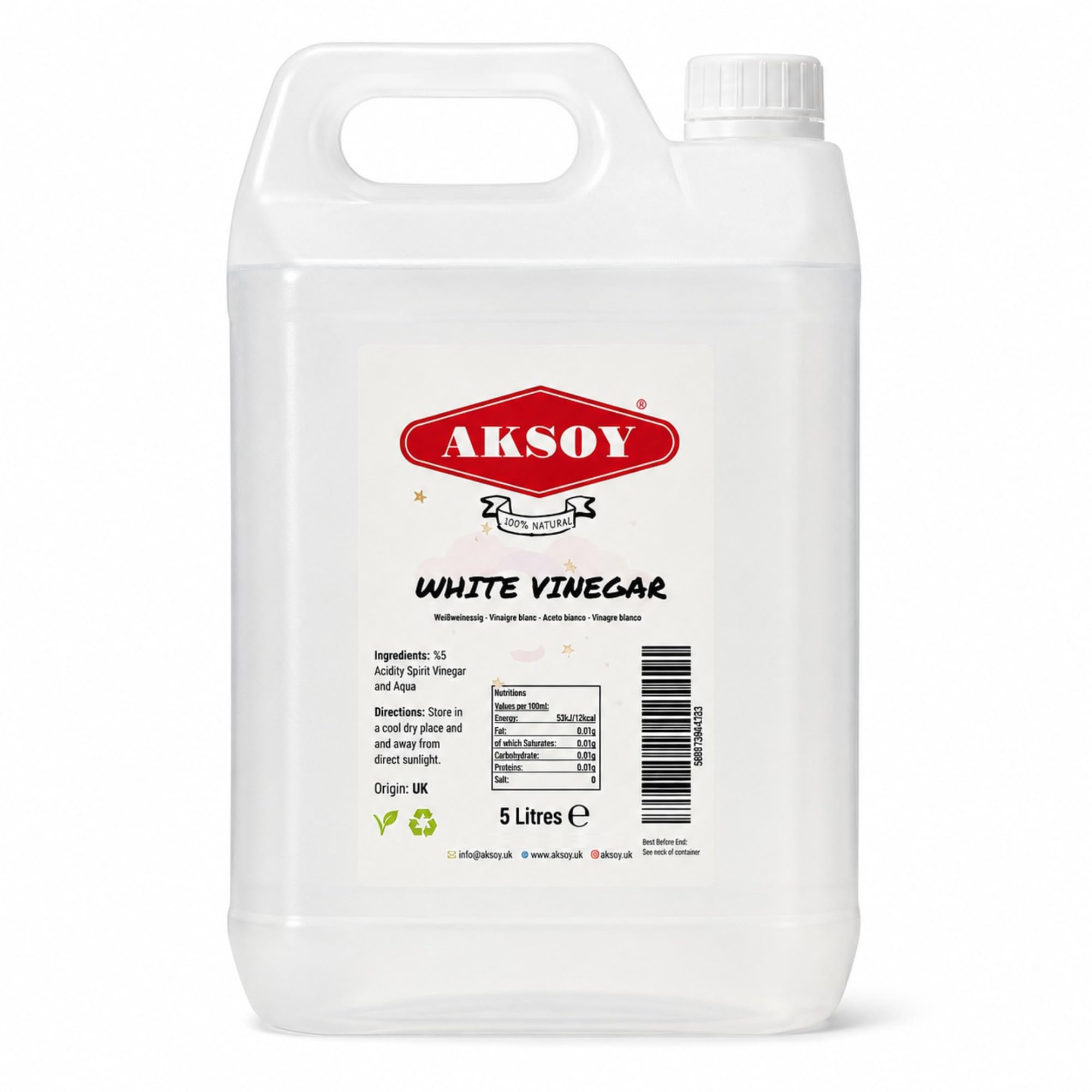 Aksoy Distilled White Spirit Vinegar 5L | Ideal for Cleaning, Pickling, Marinati