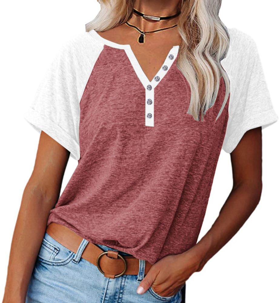 Womens Shirts Summer Henley V Neck Color Block Tshirts Raglan Short Sleeve Casau