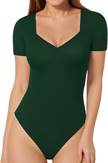 MANGOPOP Women's Sweetheart V Neck Short Long Sleeve Bodysuit Going Out Top