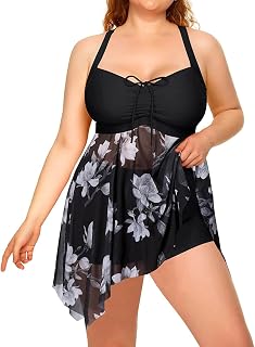 Daci Plus Size Two Piece Swim Dress with Boyshorts for Women Mesh Tankini Swimsuits Flowy Bathing Suits