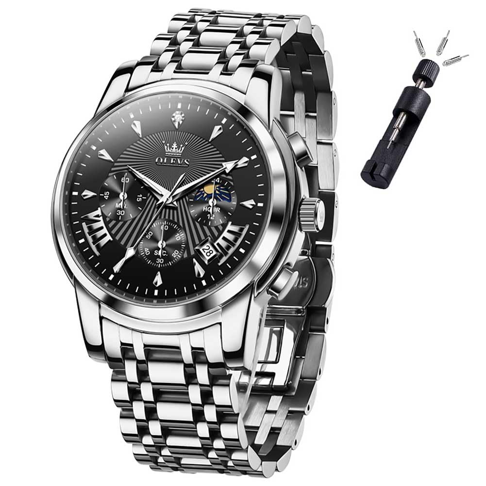 OLEVS Men's Stainless Steel Chronograph Watch, Big Face Gold Silver Black Tone E