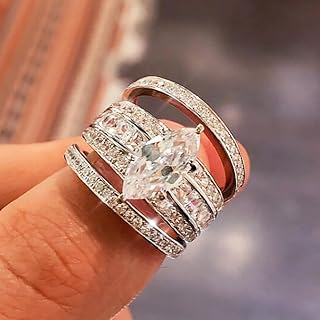 Marquise Geometric Ring Set Light Luxury Shiny Zirconia Ring Exquisite Accessory for Women Engagement and Wedding Band, Copper, No Gemstone