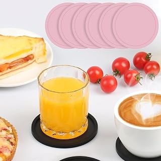 Round Black Coasters Set of 6 with Deep Tray, Washable Heat Resistant Durable Non-Slip Coasters for Coffee Table, Wooden Table, Kitchen and Bar, Pink