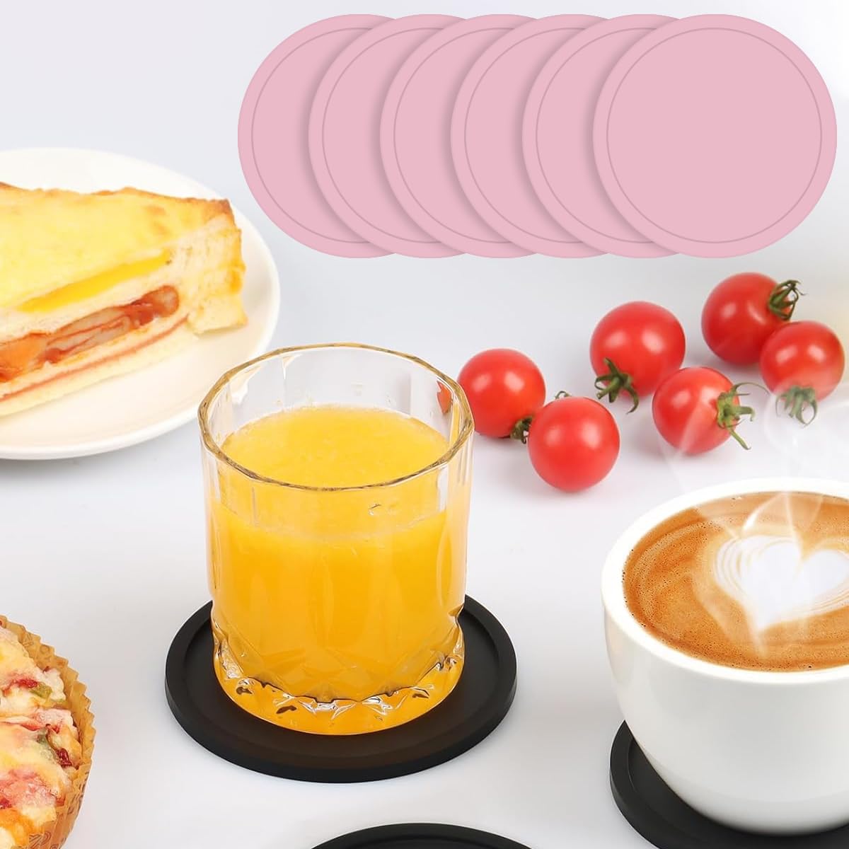 Round Black Coasters Set of 6 with Deep Tray, Washable Heat Resistant Durable No