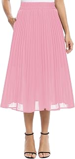 EXCHIC Women's Casual Chiffon Elastic Waist Pleated Midi Skirt with Pocket