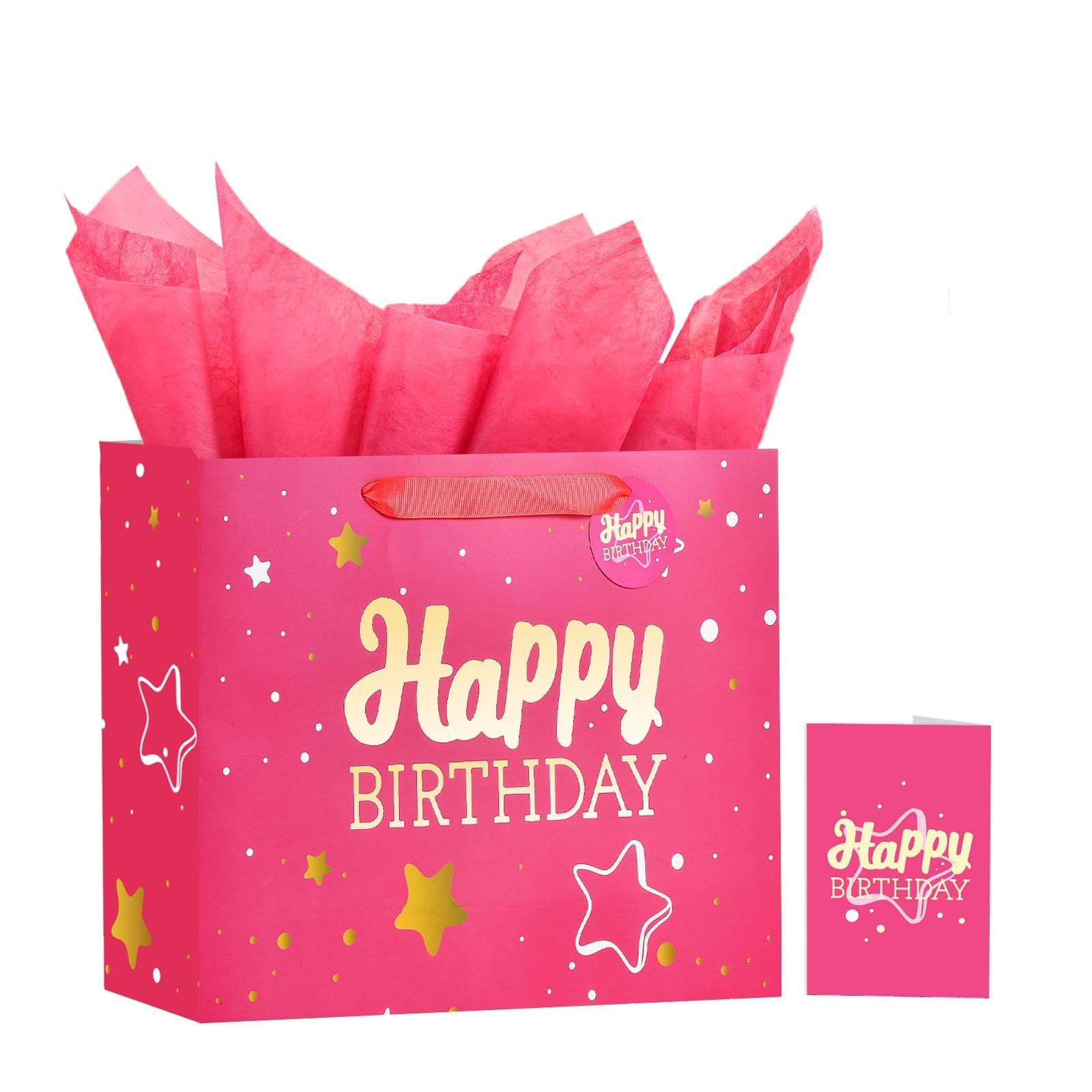 Powbrace 13" Birthday Gift Bag with Tissue Paper & Card(1 Pack Pink Gold) | Foil