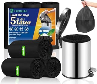 OKKEAI Pedal Bin Liners 5L, Black Small Bin Bags for Bathroom, 66 Count