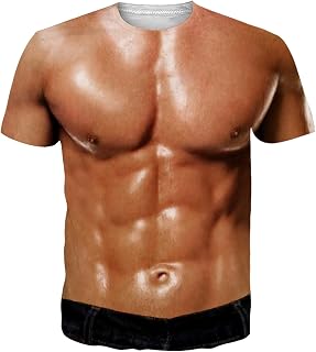 Kinberr Mens Short Sleeve T-Shirt Funny 3D Fake Abs Hairy Chest Printed Top Tee