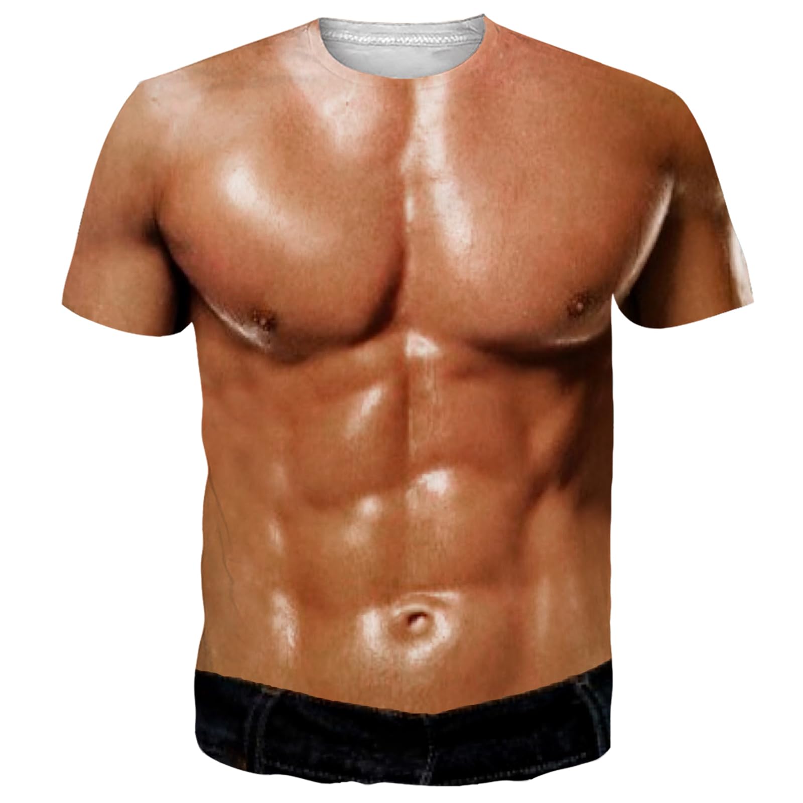 Kinberr Mens Short Sleeve T-Shirt Funny 3D Fake Abs Hairy Chest Printed Top Tee
