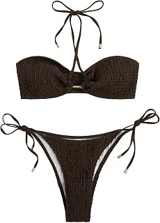 Women's 2 Pieces Smocked Halter Bikini Set Tie Side High Cut Swimsuit Beachwear