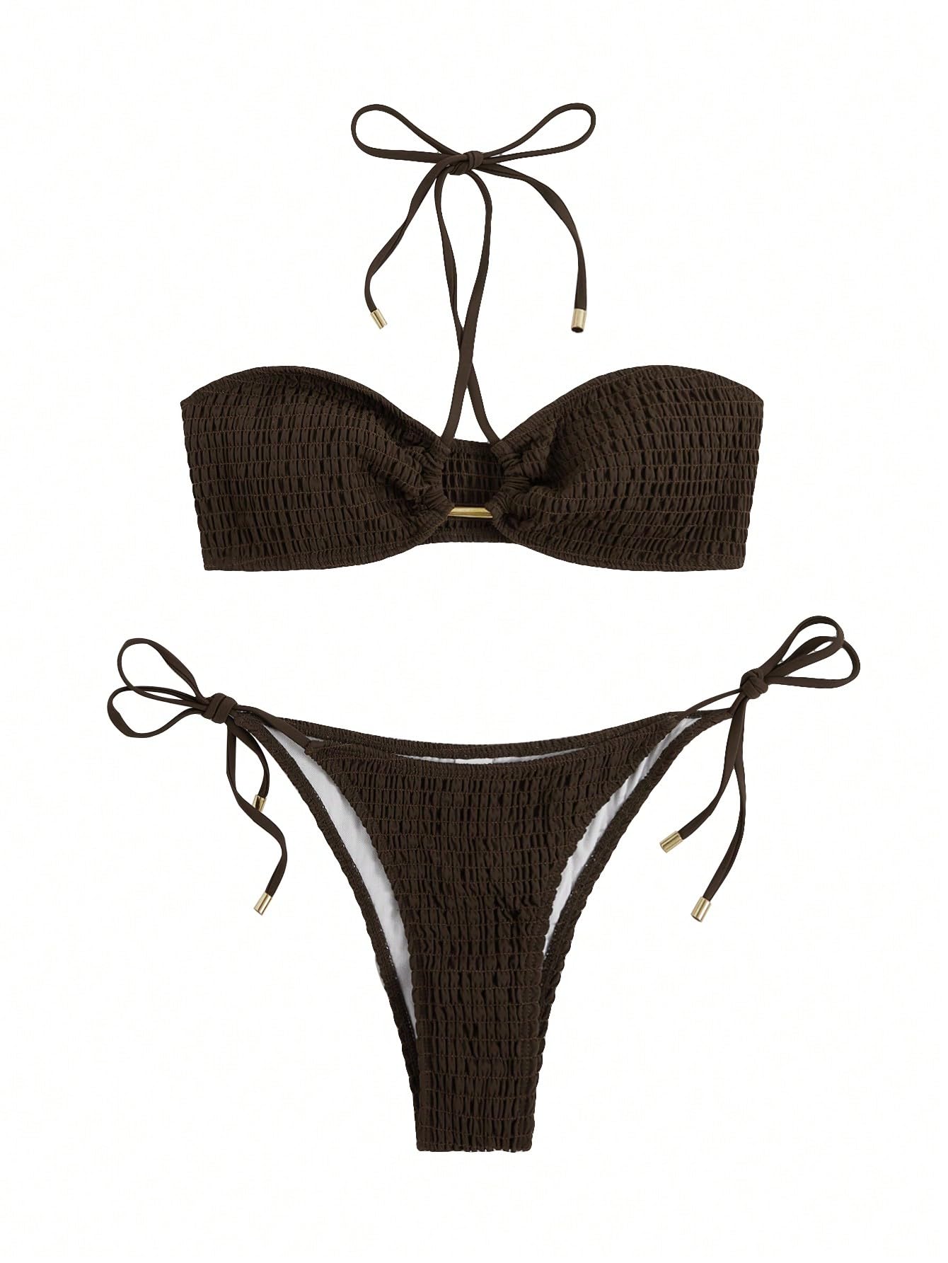 Women's 2 Pieces Smocked Halter Bikini Set Tie Side High Cut Swimsuit Beachwear