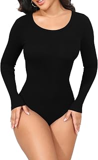 GEMBERA Women's Long Sleeve Boat Neck Soft Ribbed Basic Fitted Bodysuit Top Shirts