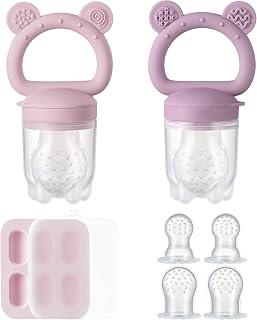 2 Pack Silicone Baby Fruit Feeder with Mini Freezer Tray, Breastmilk Popsicle Molds for Infant Teething Relief, Baby Teethers, Fresh Food Feeder for Safe Infant Self Feeding - Purple