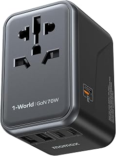 MOMAX Universal Travel Adapter 70W GaN Travel Plug Adapter for UK/EU/AU/US | 3USB-C PD & 2USB-A QC International Adapter Charger, Adapter Plug for Laptops Tablets Phones Vision Pro 1-World, Black
