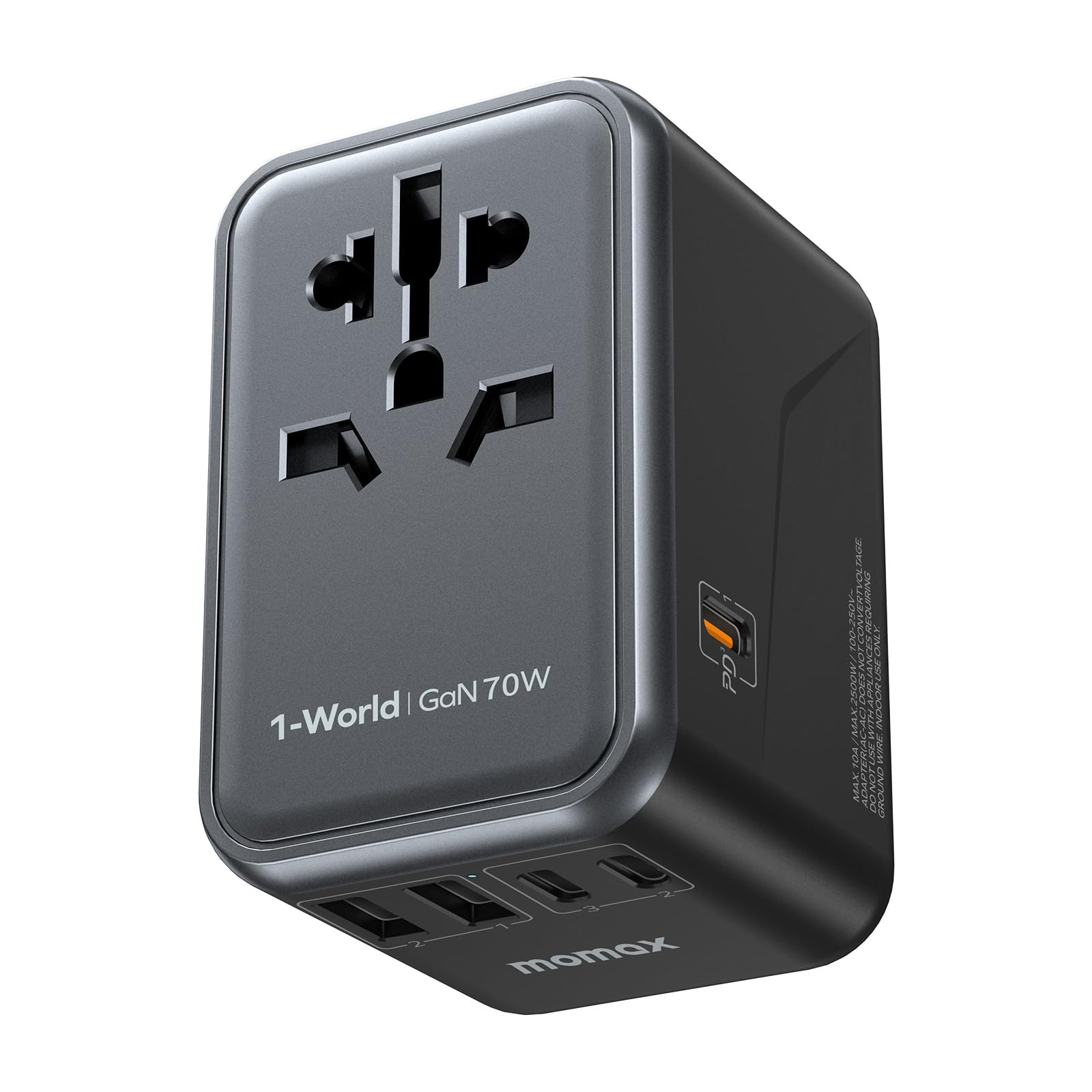 MOMAX Universal Travel Adapter 70W GaN Travel Plug Adapter for UK/EU/AU/US | 3US