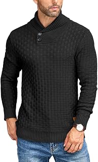 COOFANDY Suéter de punto trenzado con cuello de chal para hombre, ajuste delgado, casual, con botones