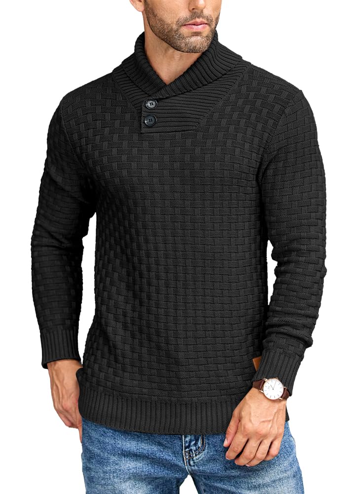 COOFANDY Suéter de punto trenzado con cuello de chal para hombre, ajuste delgado
