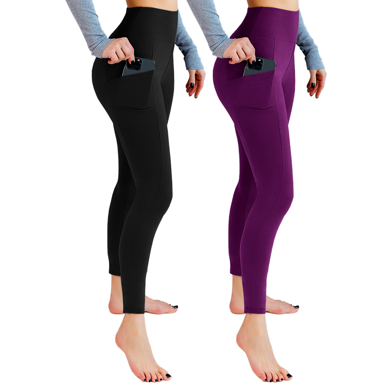 Leafigure 2 Pack Women's High Waisted Leggings with Pockets Soft Yoga Gym