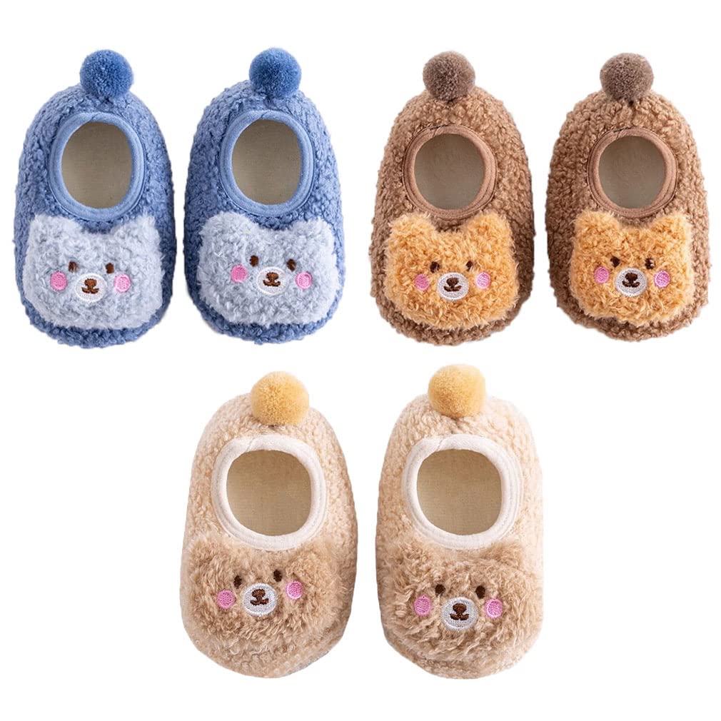 FedMois 3 Pairs Baby Boys Girls Non-Skid Indoor Fuzzy Slipper Shoes Socks Winter