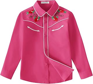Girls Western Cowgirl Shirt Long Sleeve Retro Floral Embroidered Collared Button Down Blouse Tops for Country Outfit