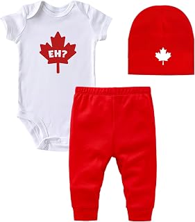 3-Piece Eh Canada Baby Gift Set, Custom Handmade Canada Day Maple Leaf Baby Bodysuit, Pants and Hat Set, EH
